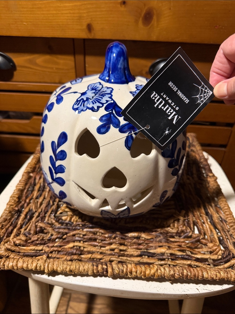Martha Stewart Ceramic Jack-O'-Lantern candle holder with Blue Floral Accents BN